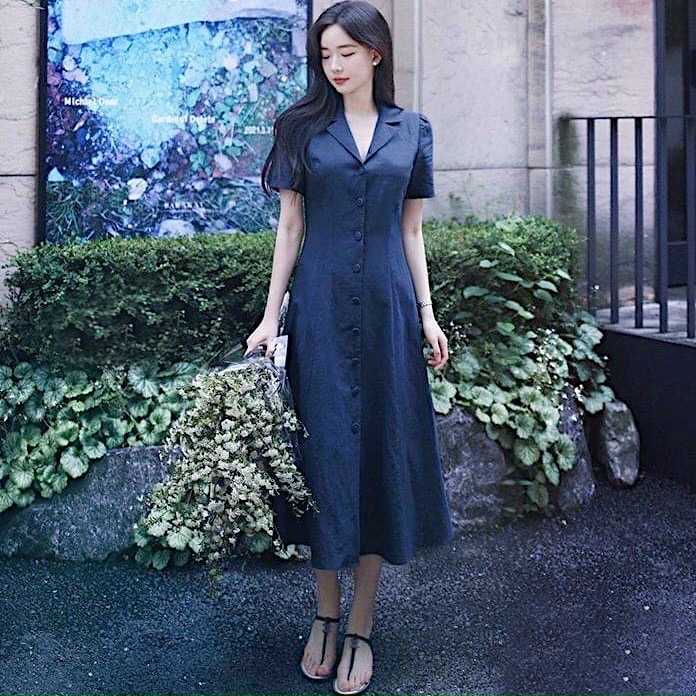 Đầm freesize sơ mi xanh đen