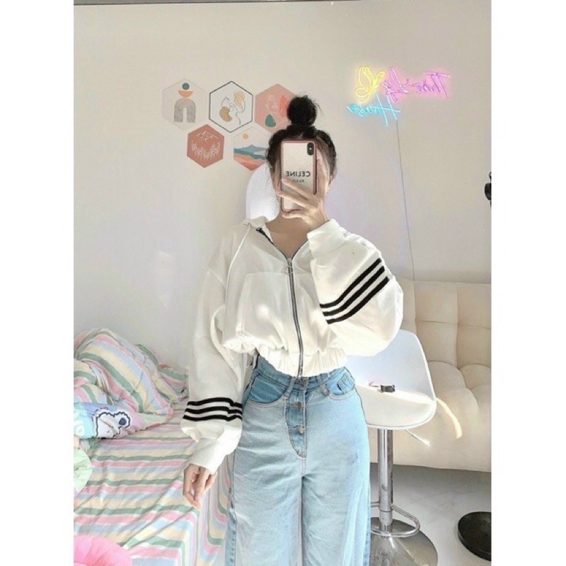 [Bigsize] Áo khoác nỉ tay phồng phối sọc from lững (Hình thật)
