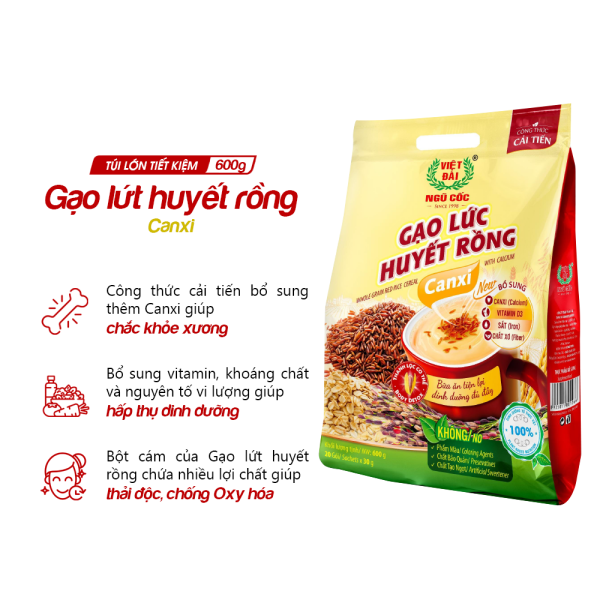 Bột ngũ cốc Gạo lức huyết rồng Canxi Việt Đài túi 600g