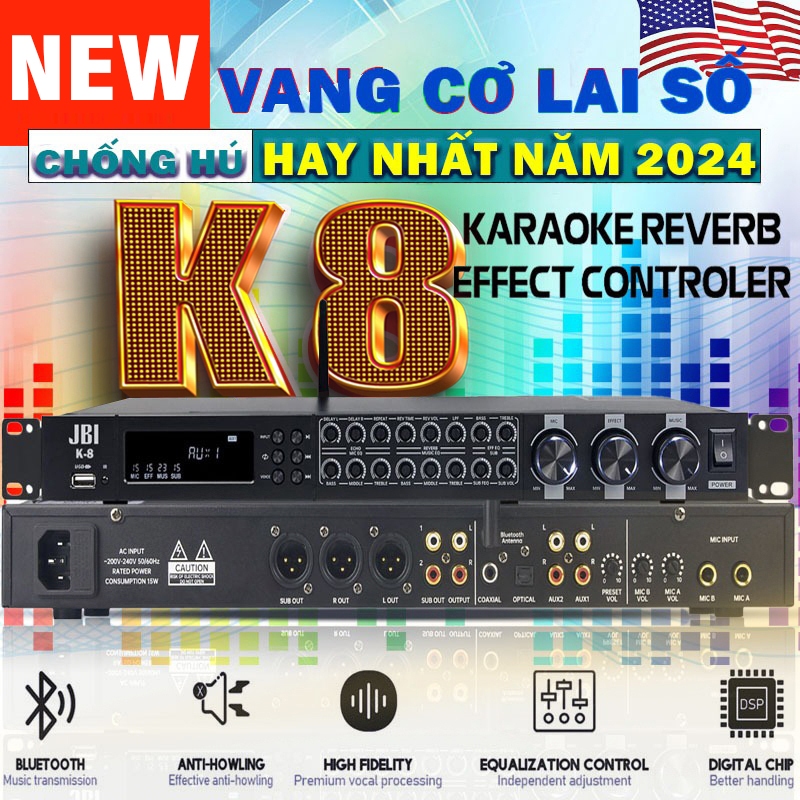 Vang Cơ Lai Số K8 – Vang Chỉnh Cơ Đỉnh Nhất Hiện Nay  , Công Nghệ Xử Lý Âm Thanh DSP Hiệu Suất Cao – Chống Hú Hoàn Hảo -Có Reverb Effect Mượt Mà Kết Nối Tiện Lợi- Bluetooth, AV, USB, Coaxial, Cổng Quang (optical)
