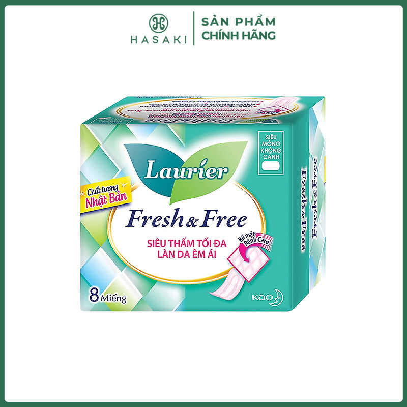 Băng Vệ Sinh Laurier Fresh&Free Siêu Mỏng Không Cánh 8 Miếng Fresh&Free 22cm