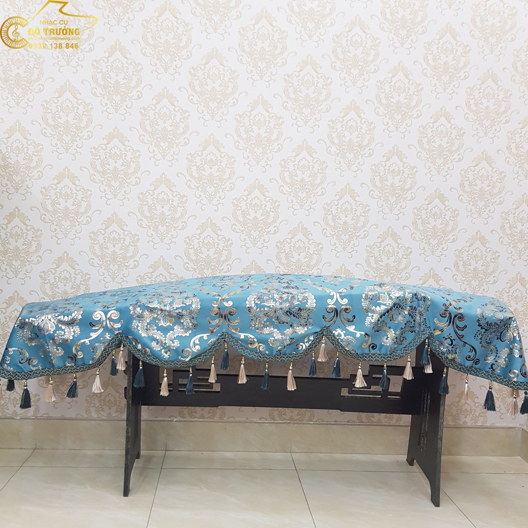 Khăn Phủ đàn guzheng Cổ Tranh Trung Quốc mẫu xanh có tua rua hạt châu