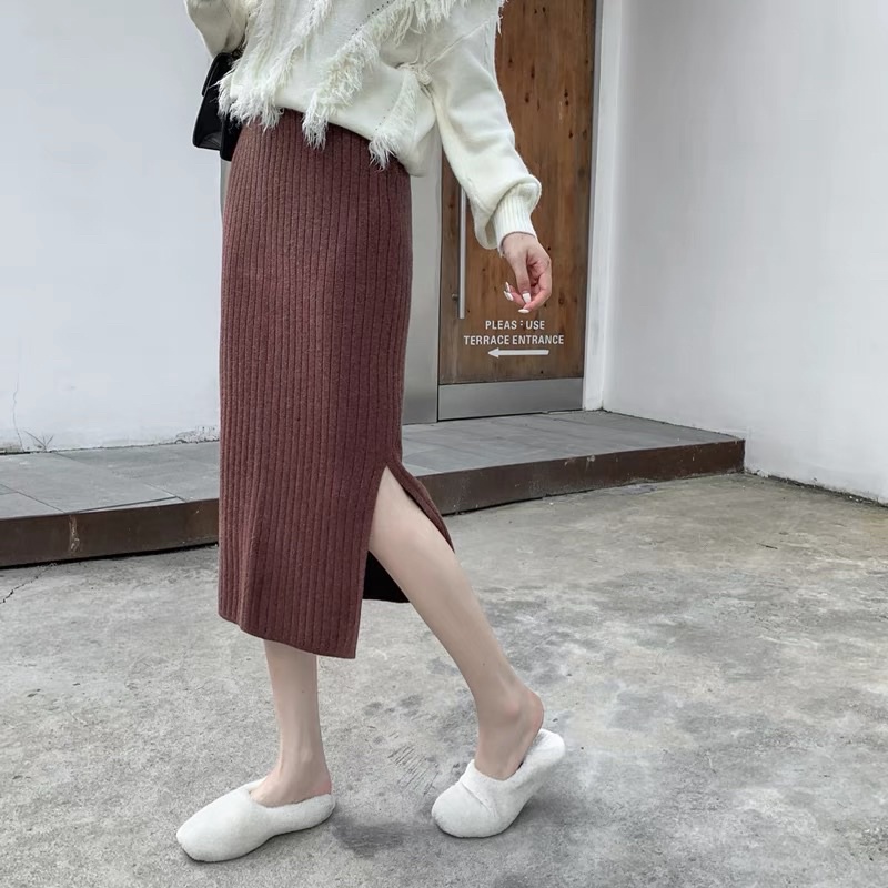 [Loại 1] Chân váy len MIDI Quảng Châu xẻ sau freesize MS150