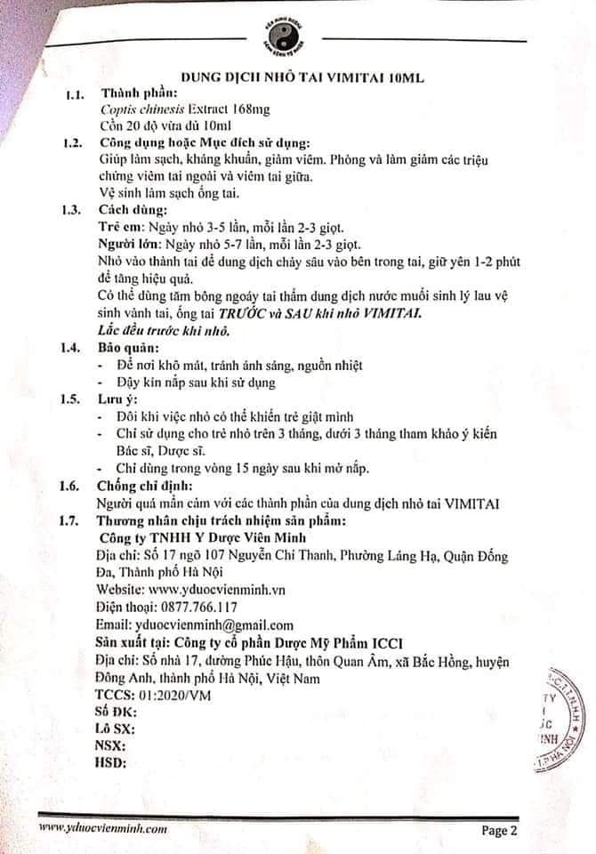 Dung dịch nhỏ tai VIMITAI (hàng chuẩn Viên Minh Đường)