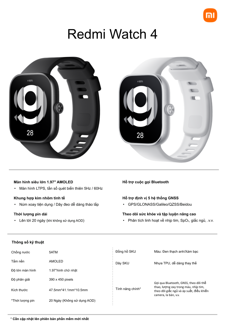 Đồng hồ thông minh Redmi Watch 4 | Màn hình AMOLED 1.97" | Nghe gọi Bluetooth | Thời lượng pin 20 ngày | 5ATM | GPS