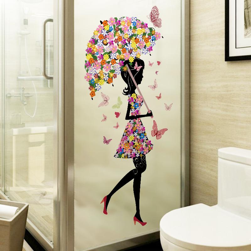 Decal dán kính cao cấp - Cô Gái Cây Dù Hoa ( 60x116cm )-DK1080