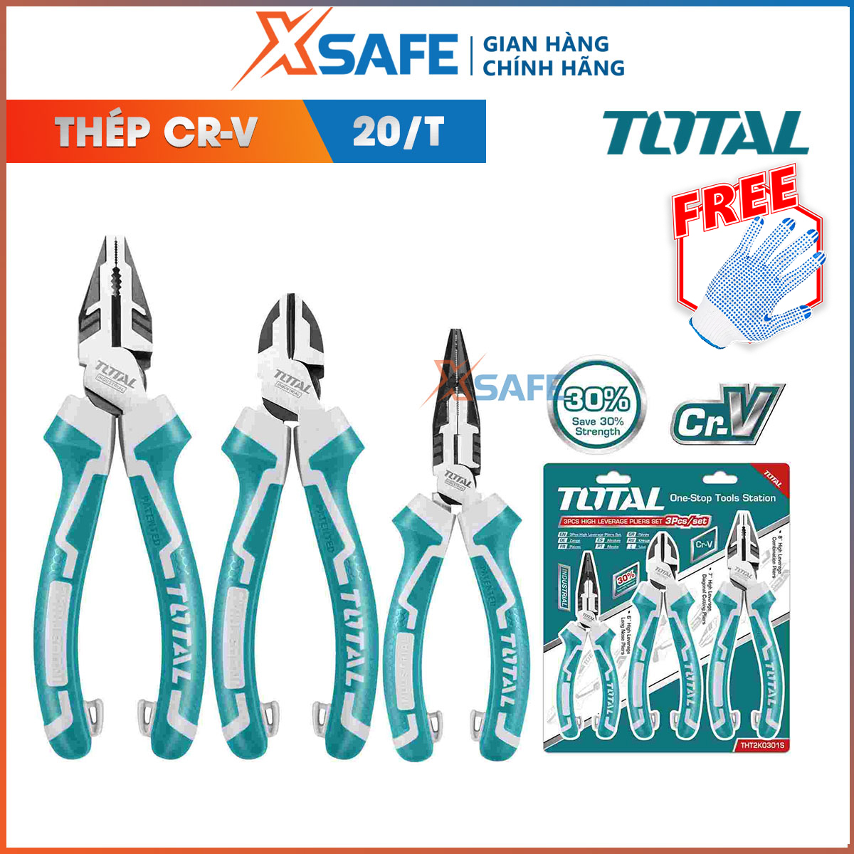 Set of 3 nippers senior multi-purpose total THT2K0301S nippers teeth, cutting and pointed nippers pointed toe CRV steel ultra hard durable cutting clamp plucking electrical wire cable zinc distribution genuine xsafe