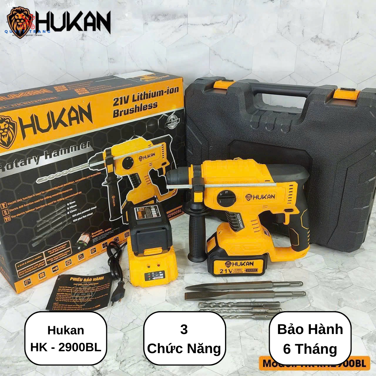 Máy Khoan Bê Tông Pin HUKAN HK-2900BL Không Chổi Than Tặng Kèm 3 Mũi Khoan 2 Mũi Đục