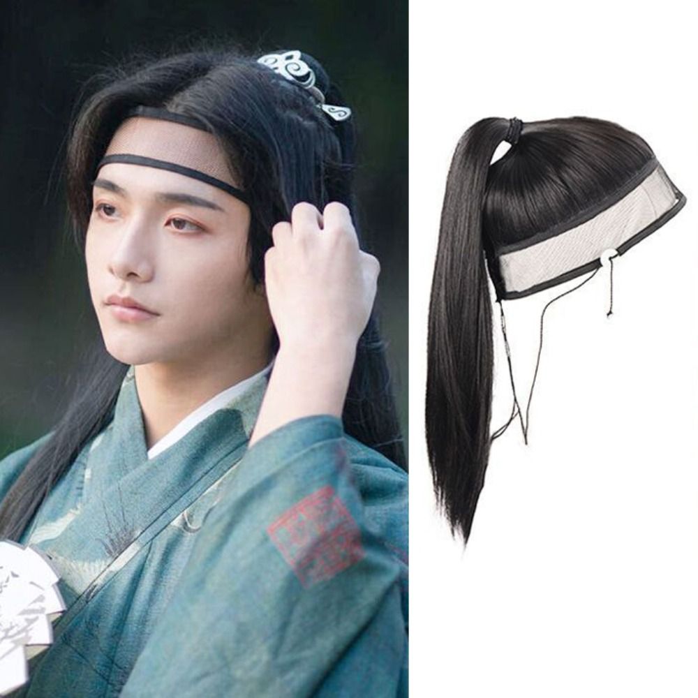 DDUI Chụp ảnh Chất lượng cao Tự nhiên Bộ Tóc Ninjas Tóc kiểu Trung Quốc Đồ cổ Trang phục cổ xưa Phụ kiện tóc Tóc hóa trang chiến binh Cổ điển Tóc giả nam Hanfu Búi tóc giả Tóc giả khăn lưới Ming Đuôi ngựa Thẳng Dài