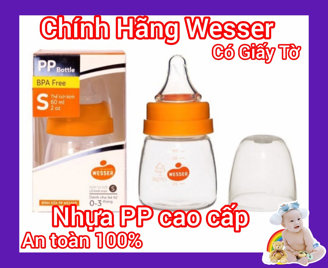 [An Toàn Cho Bé] Bình Sữa Cho Bé Sơ Sinh Cổ Nhỏ Wesser 60ml (0-3 tháng)