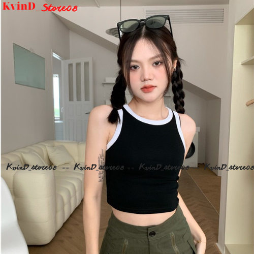 Áo ba lỗ croptop phối viền, Áo croptop sát nách dáng ngắn bo dy viền đen trắng phong cách hàn quốc chất thun gân mèn mịn KVID_store08