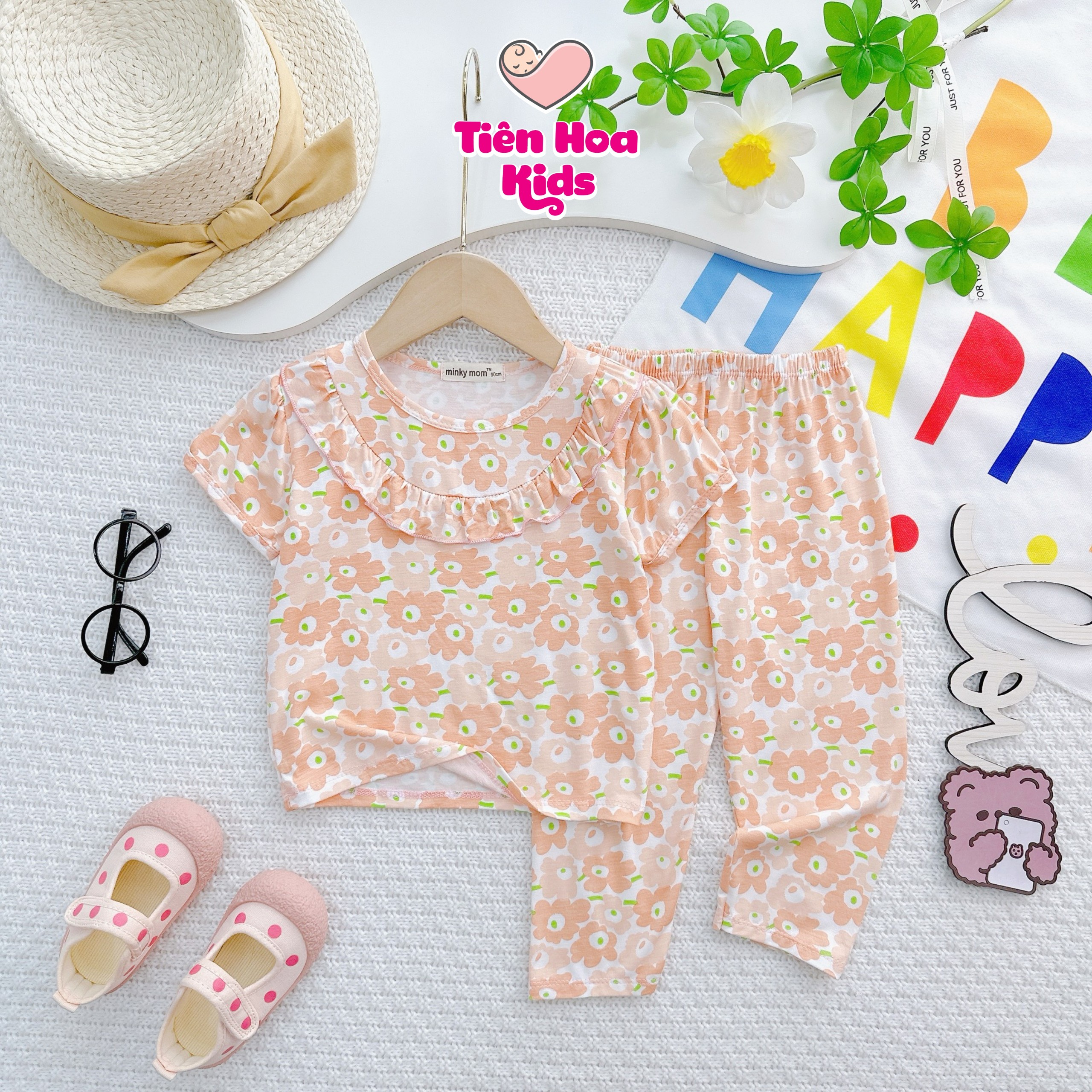 Bộ tay ngắn quần dài thun lạnh bèo ngực in hoa Minky Mom cho bé gái từ 10-19kg