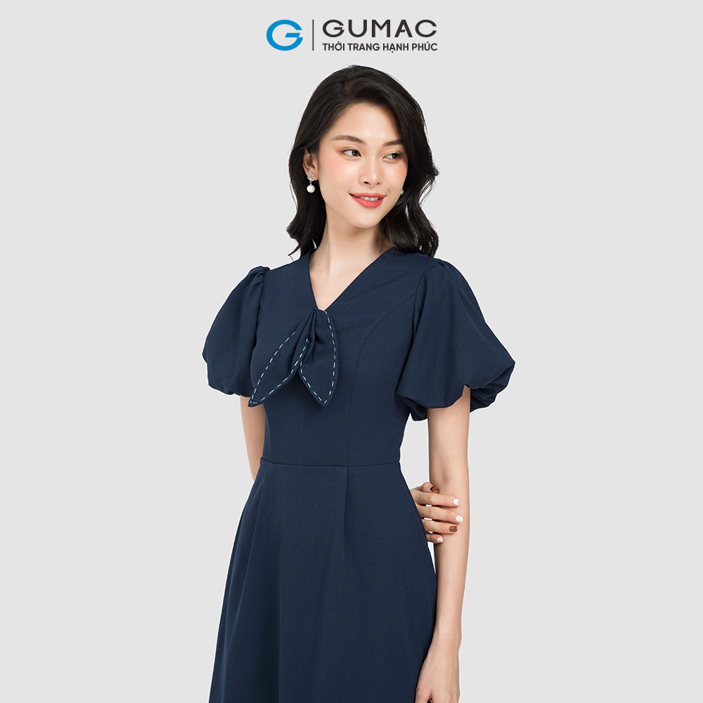 Đầm form A GUMAC, đầm nơ cổ phối chỉ DC08037