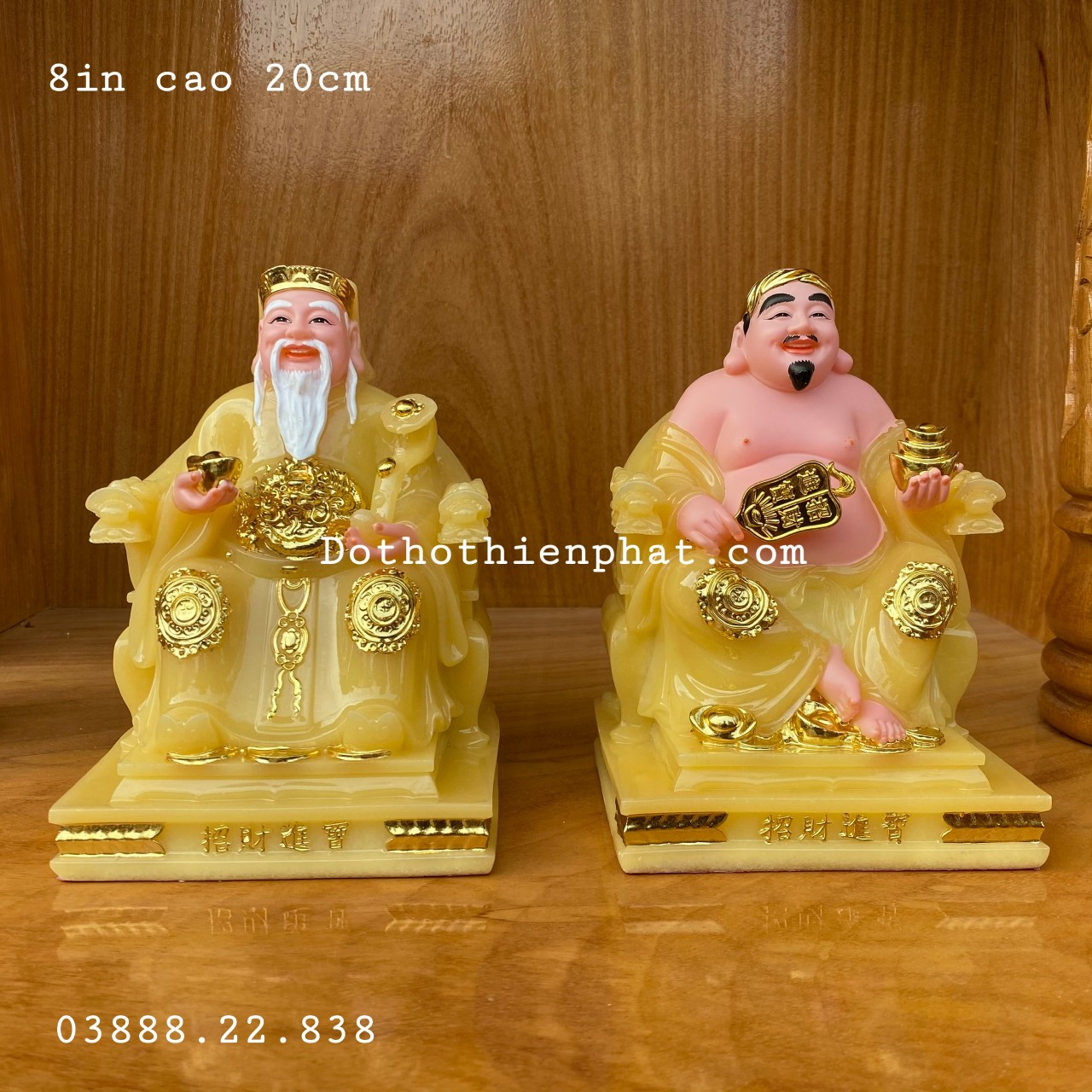 Cặp thần tài ông địa đá màu vàng 8in cao 20 cm