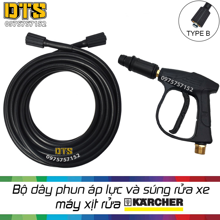 Bộ dây phun áp lực và súng xịt rửa cho máy phun xịt rửa Karcher K1, K2 - K7 (Đầu dây vặn vào máy TYPE B)