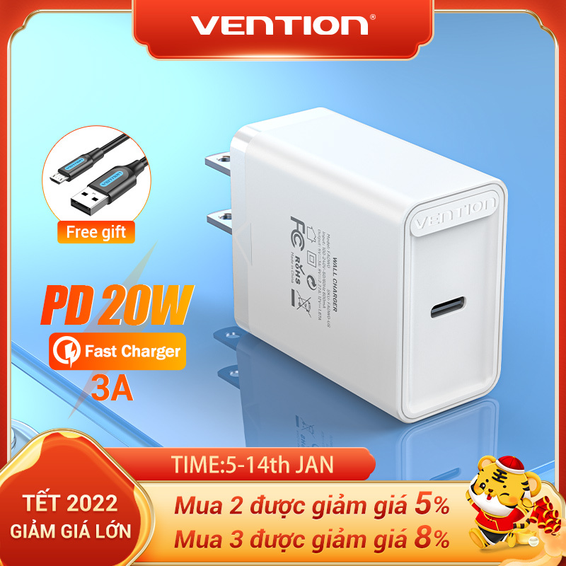 Vention Bộ Sạc Nhanh Type C 20W Cho iPhone 13 Pro Max Bộ Sạc PD 12 Pro Max Bộ Sạc Điện Thoại Di Động Samsung S21 + Fast Charging For iPhone 12 Pro Max 11 Mini 8 Plus Support USB Type C Charger 20W