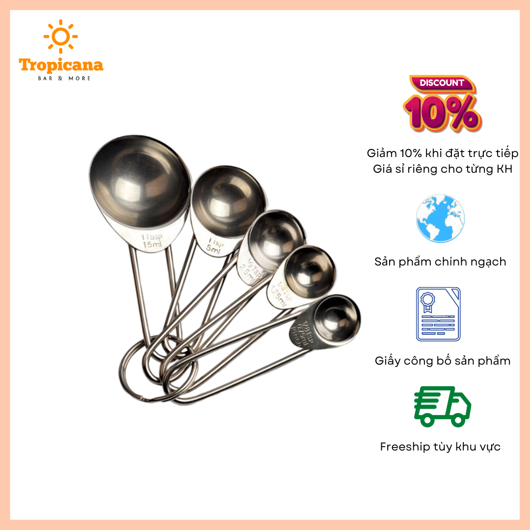 Bộ thìa đong inox 5 chiếc (Đơn vị tsp,ml)