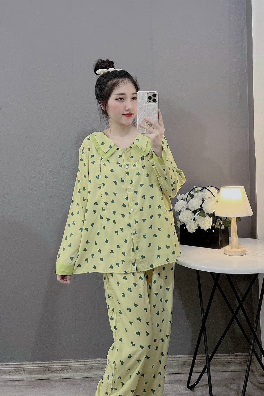 bộ bầu sau sinh, bộ dài bầu chất đũi xước cổ nhọn