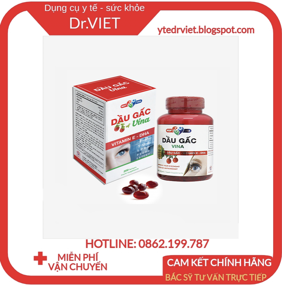 Thực phẩm Dầu Gấc Vina chính hãng - Bổ sung dưỡng chất cần thiết cho mắt, tăng cường thị lực - Lọ 200 viên