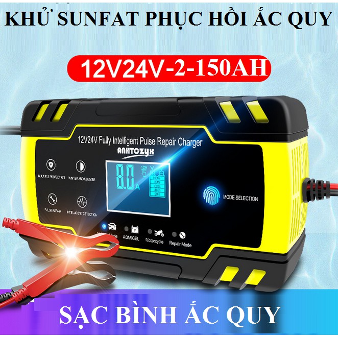 Sac binh ac quy-Sạc binh ắc quy 12V-24V/8A 4-150ah có khử sunfat phục hồi bình dùng cho cả bình khô và nước từ 4Ah-150Ah