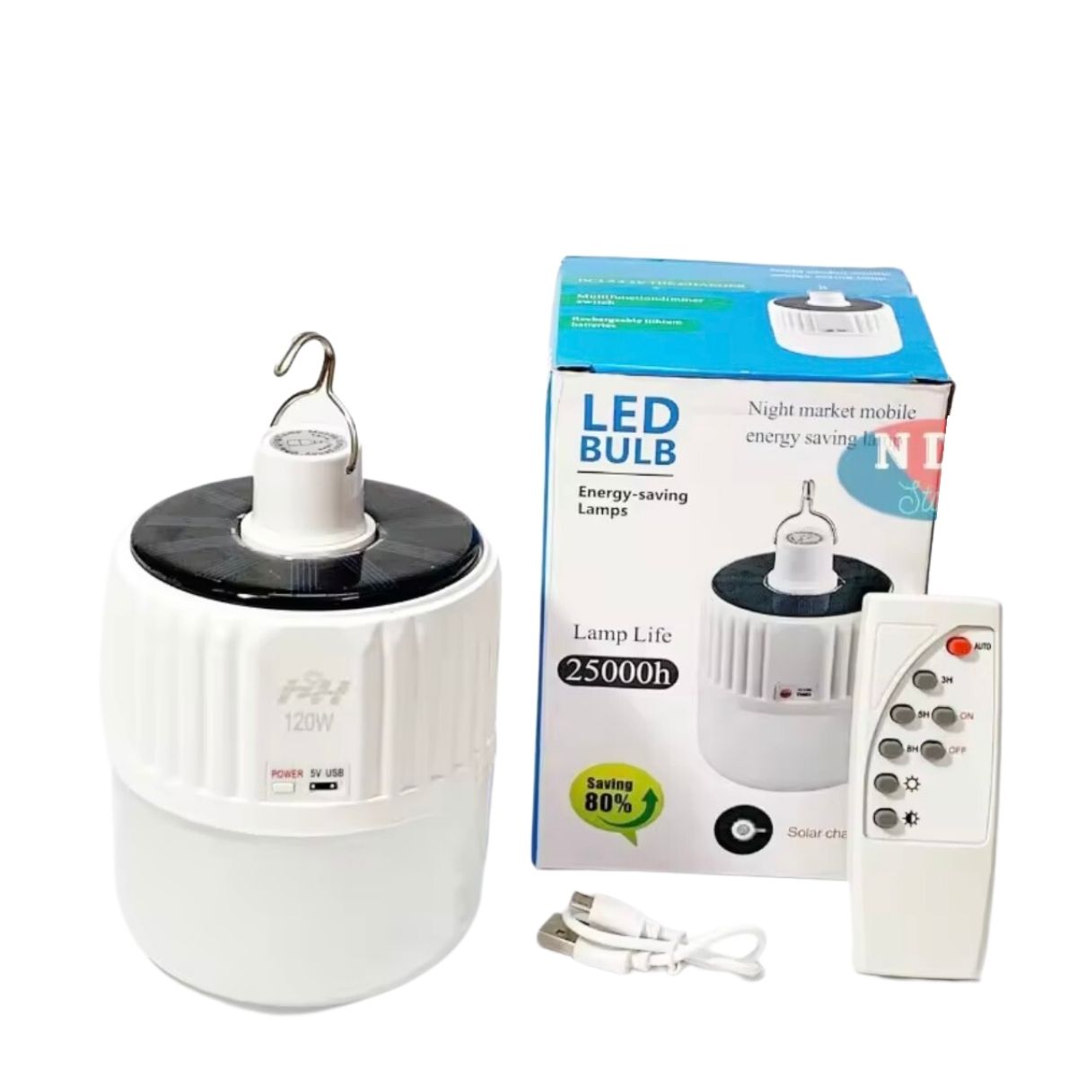 Đèn LED năng lượng mặt trời 120W, Bóng đèn tích điện Siêu sáng có 5 chế độ Remote điều khiển- BH 12 Tháng