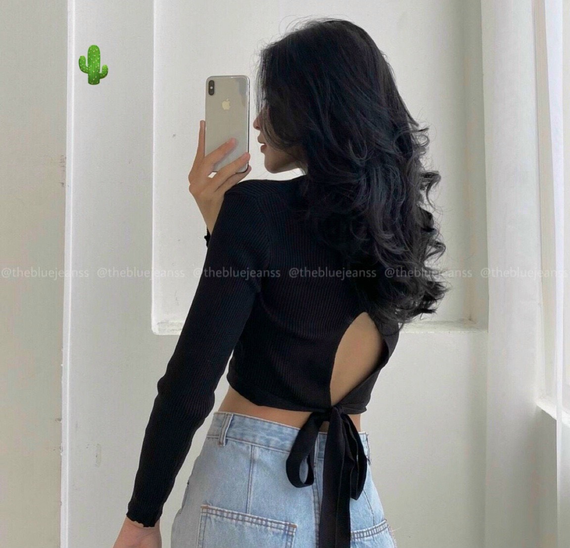 Áo thun tay dài hở lưng cột dây croptop lửng pc