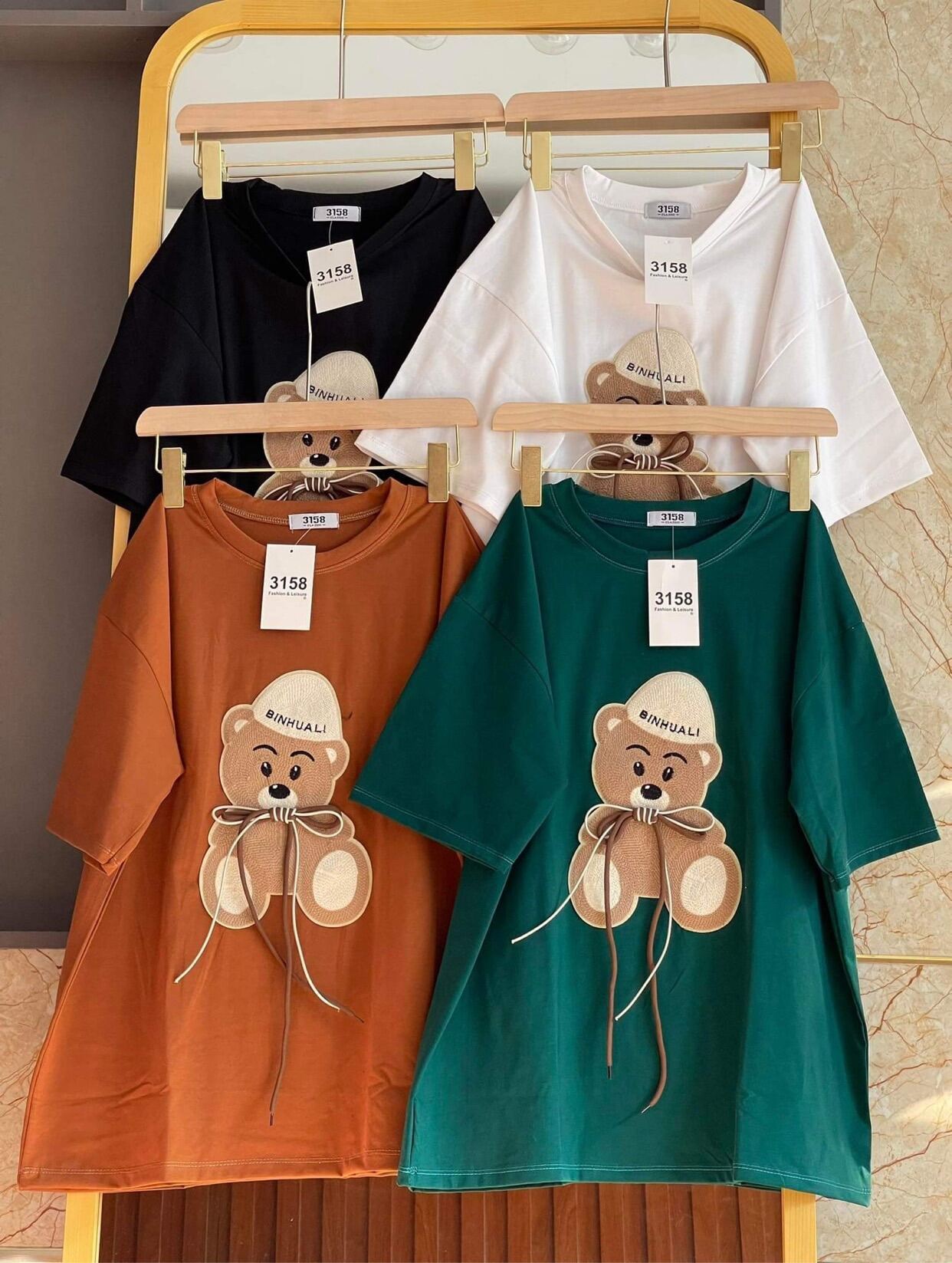 Áo Thun 3158 Thêu Gấu Dây - Chất Cotton 4 Chiều