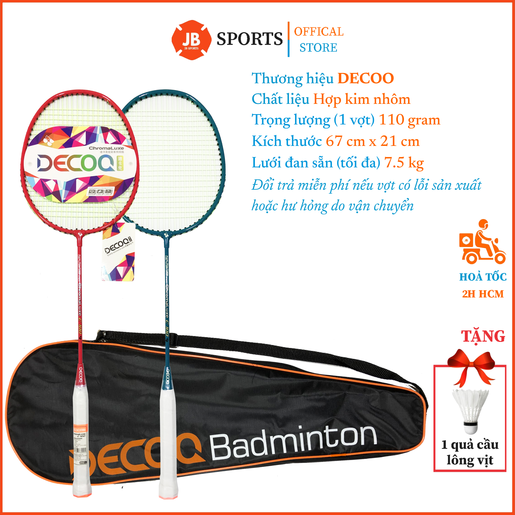 Bộ vợt cầu lông chính hãng decoo h2, cặp vợt cầu lông tốt nhẹ dây căng trợ lực