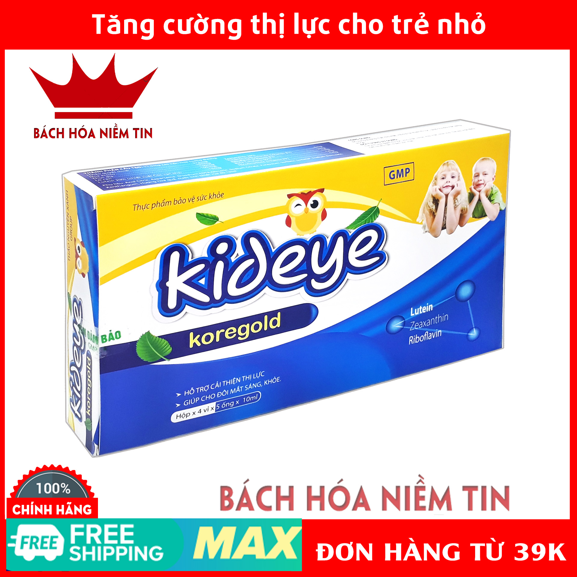Siro sáng mắt cho trẻ nhỏ KID EYE Kore Gold - thành phần 100% thảo dược - giúp cải thiện thị lực mắt sáng khỏe - Hộp 20 ống x10ml chuẩn GMP