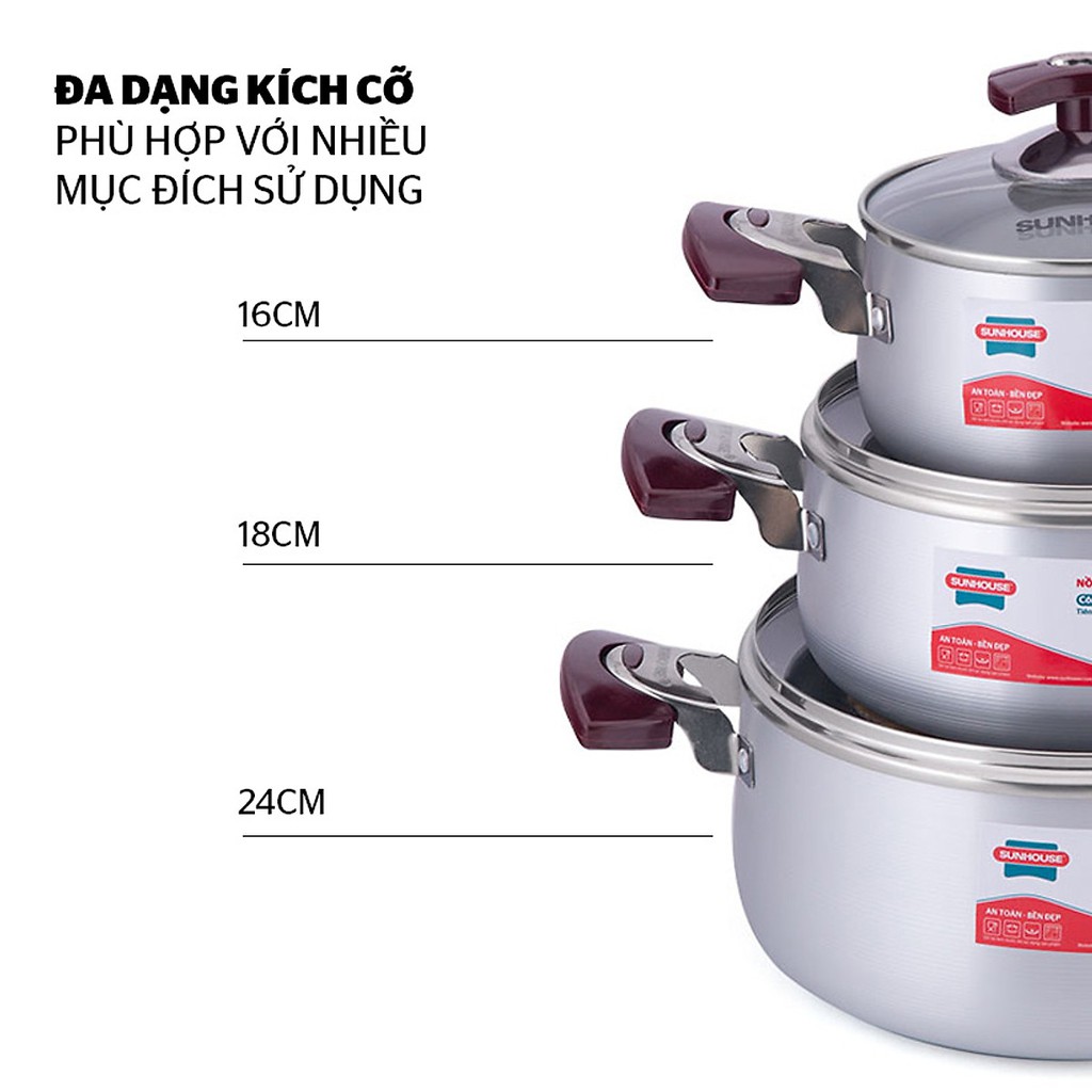 Bộ Nồi Anod Sunhouse Sh6633 Size 16/18/24cm