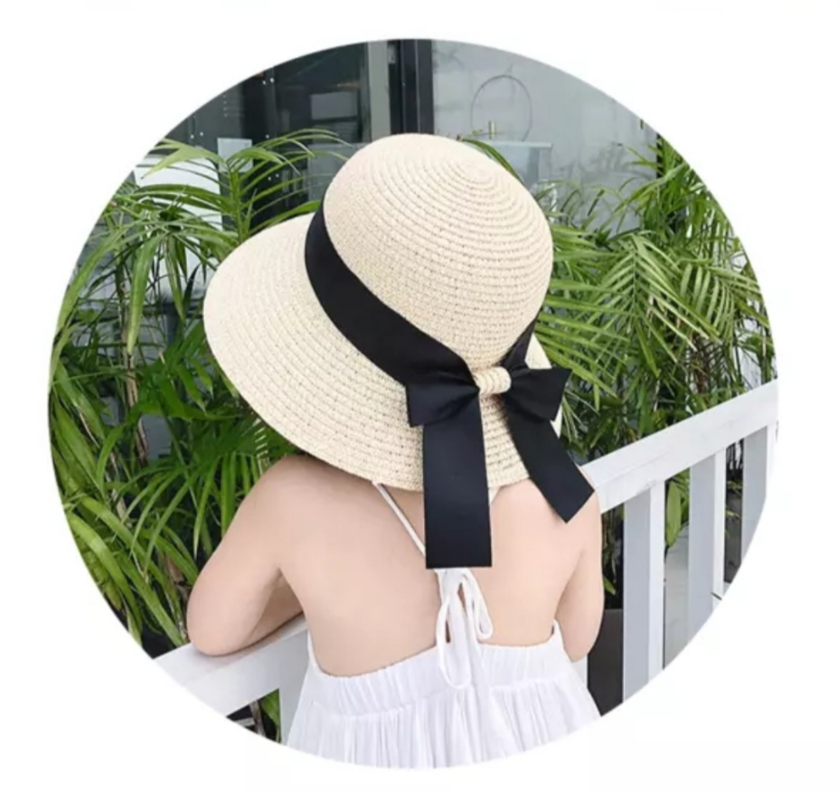 Mũ Cói Vành Cụp Nơ Đen Cho Bé Gái (2 - 8 tuổi)