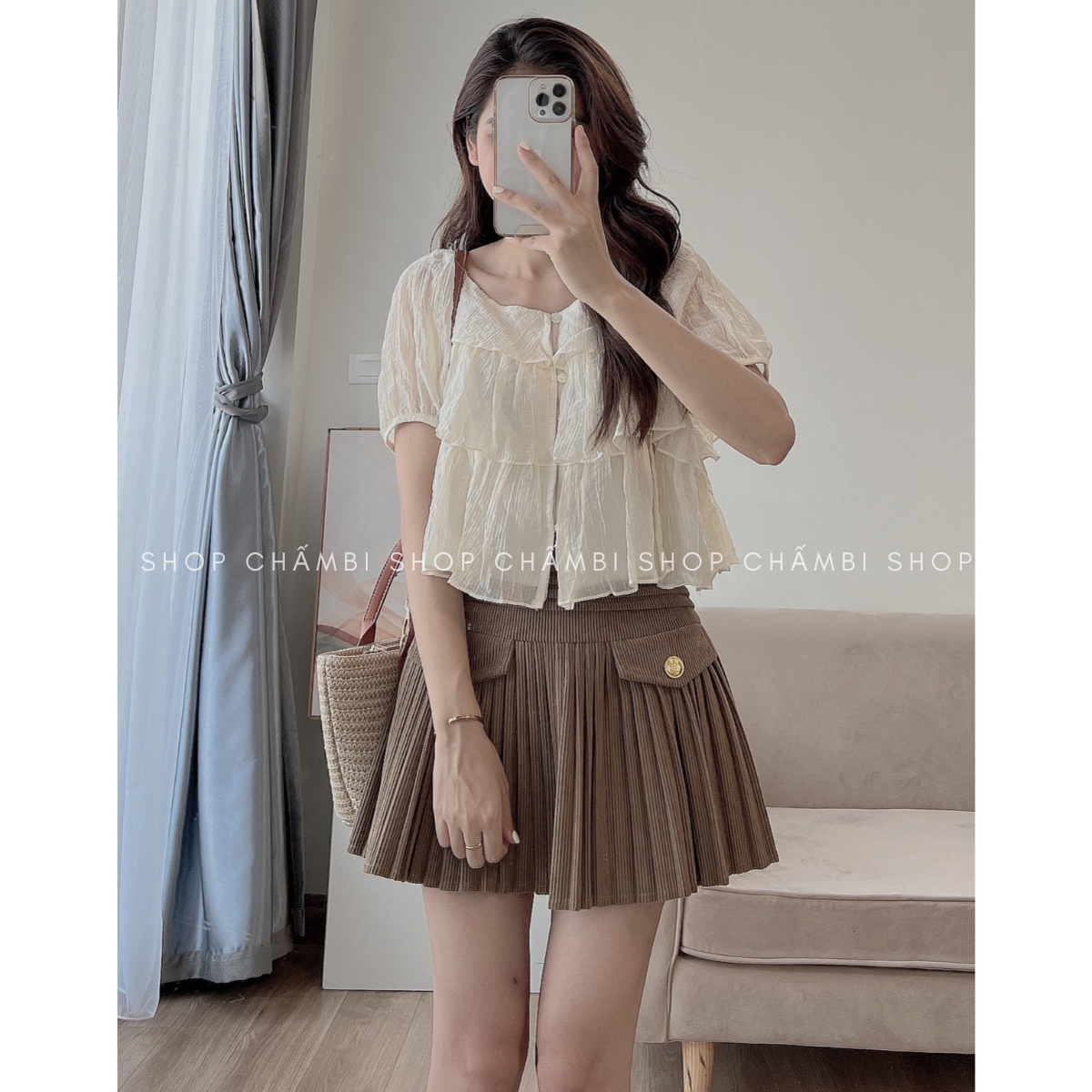Áo sơ mi nữ cộc tay A.470 Áo sơ mi cổ vuông cộc tay babydoll 3 tầng xinh xắn - Shop Chấm Bi