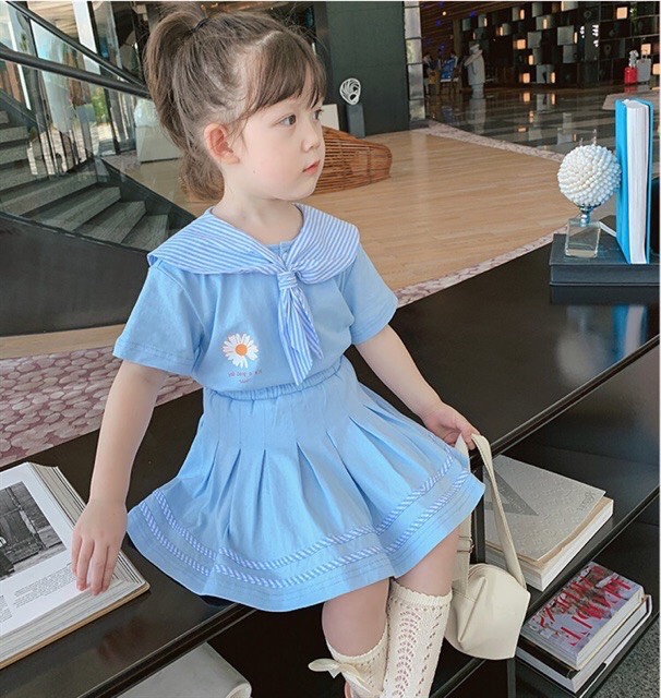 Sét chân váy dập ly & áo cổ nơ cho bé gái (8-22kg)