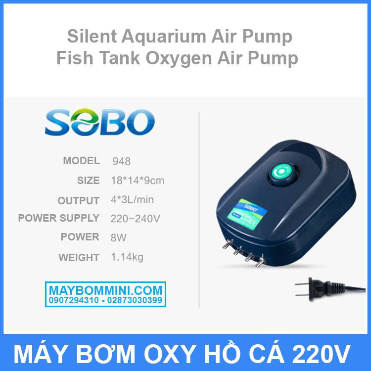 Máy Sủi Oxy 4 Vòi Sobo SB948 (8W-4x3Lít/Phút) - Máy Sủi Oxy Siêu Êm Cho Bể Cá