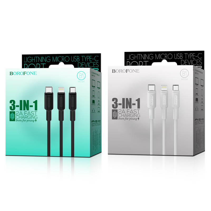 Cáp sạc 3 trong 1 Lightning- Type C- Micro USB dài 1m Borofone BX1