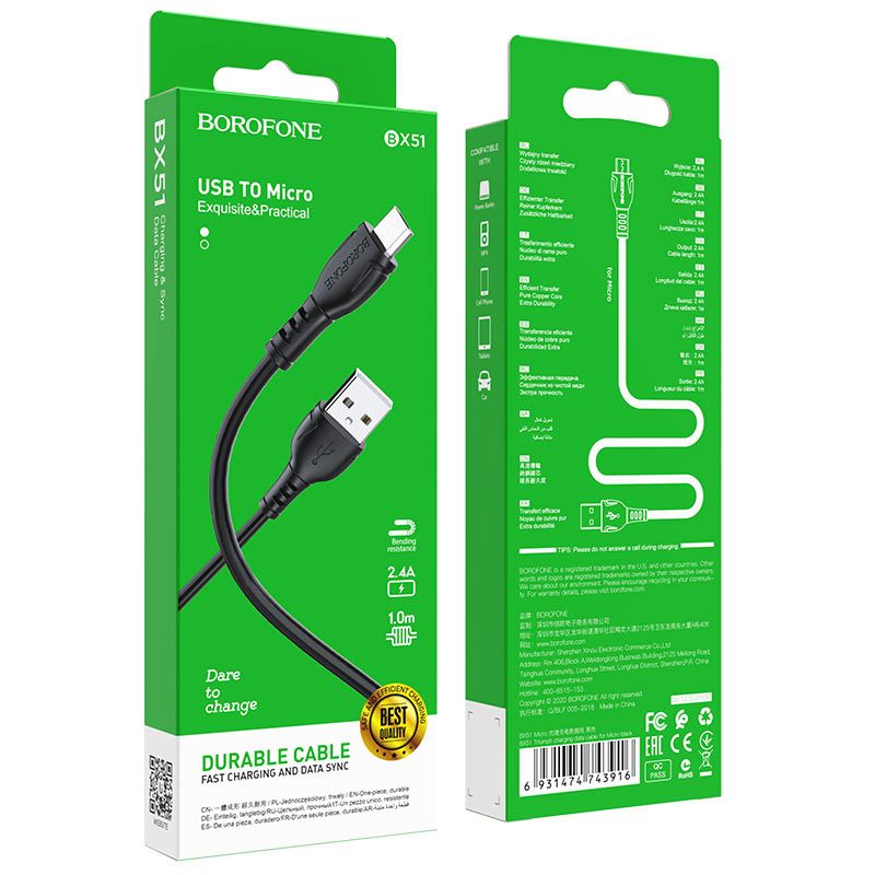Cáp Sạc Borofone BX51 2.4A Cổng Micro Dây Dài 1m
