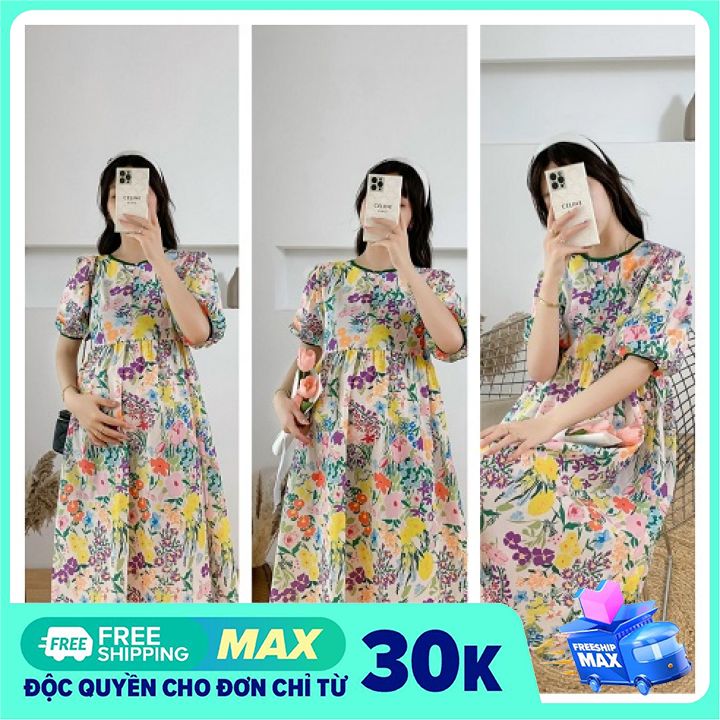 Váy bầu-đầm bầu hoa nhí dáng suông công sở