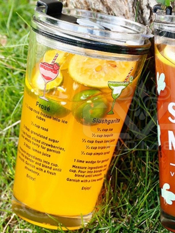 Combo 2 Ly Thuỷ Tinh Chia Vạch In Hoạ Tiết Hoạt Hình Có Nắp Đậy Kín Hơi 350 Ml  Tặng kèm Ống Hút Thuỷ Tinh Và Silicone