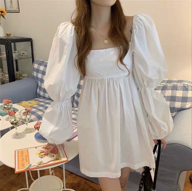 ĐẦM TRẮNG CỔ VUÔNG TAY BO CHUN NƠ LƯNG