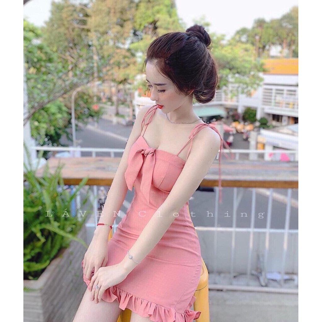Đầm body 2 dây thắt nơ ngực dễ thương