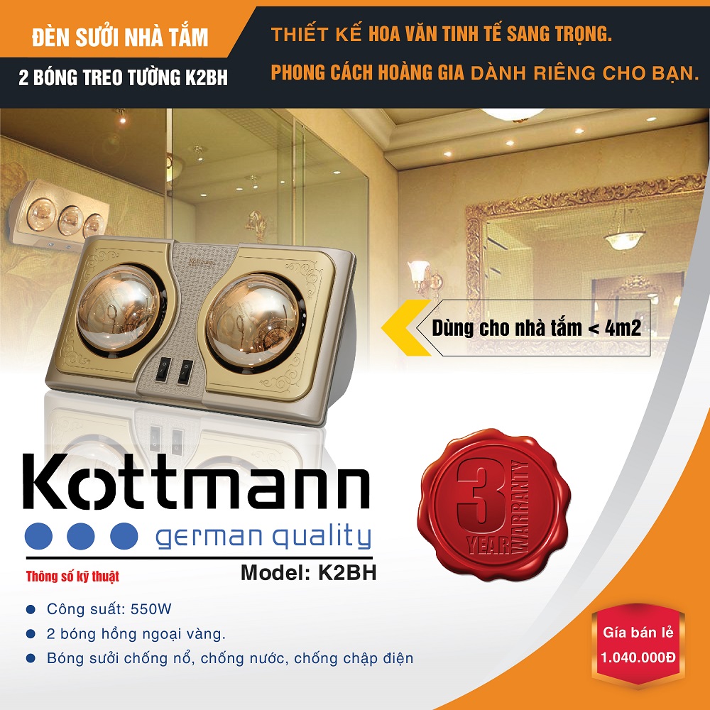 {Free Ship+Lắp Đặt } Đèn sưởi 2 bóng treo tường Kottmann – K2BH