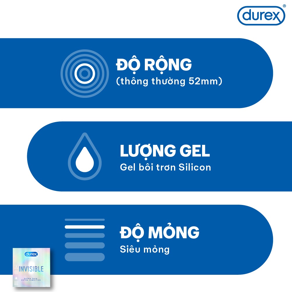 Bao cao su Durex Invisible 3 bao - Siêu mỏng , size 52mm cỡ vừa