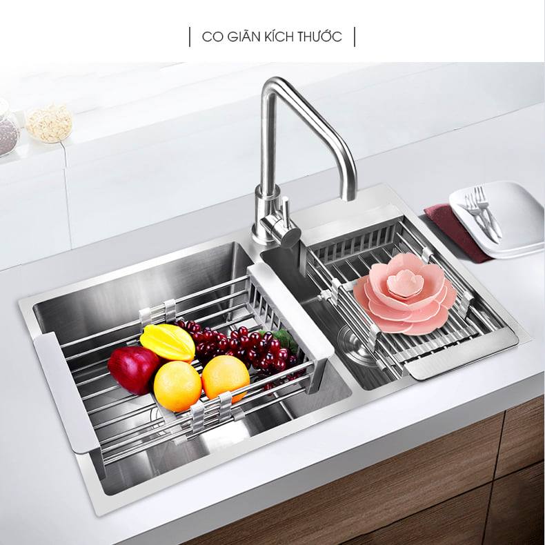 Giá inox đa năng đặt chậu rửa bát rút gọn - Rổ kéo rút đa năng - Rổ inox gác ngang bồn rửa bát - Rổ inox gấp gọn đa năng ráo nước - Ro inox gac ngang bon rua bat