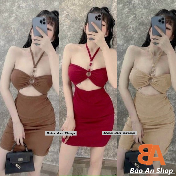 Đầm body 3 khoen gân len from ngắn