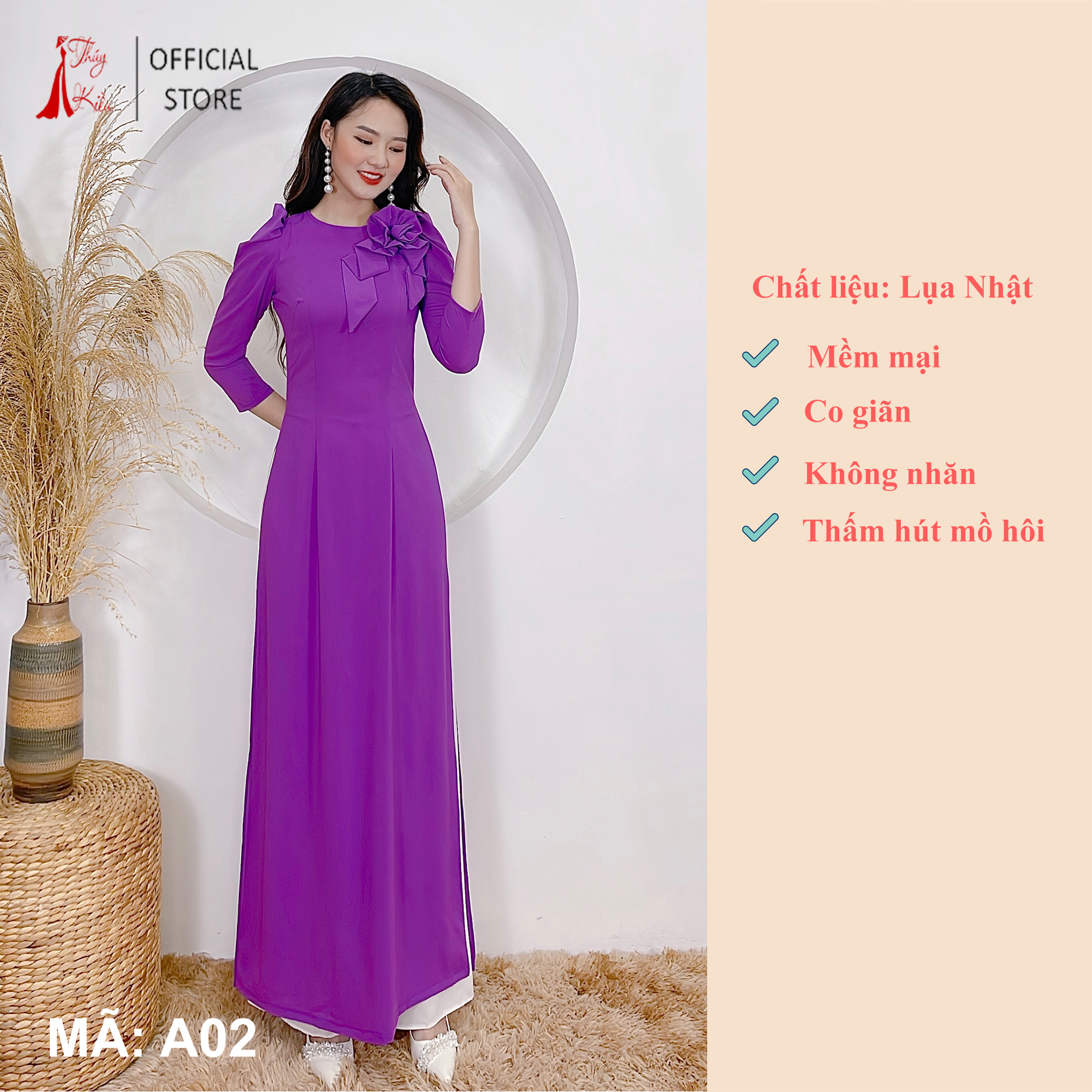 Áo dài trơn lụa Nhật cổ tròn màu tím huế tay bồng A04