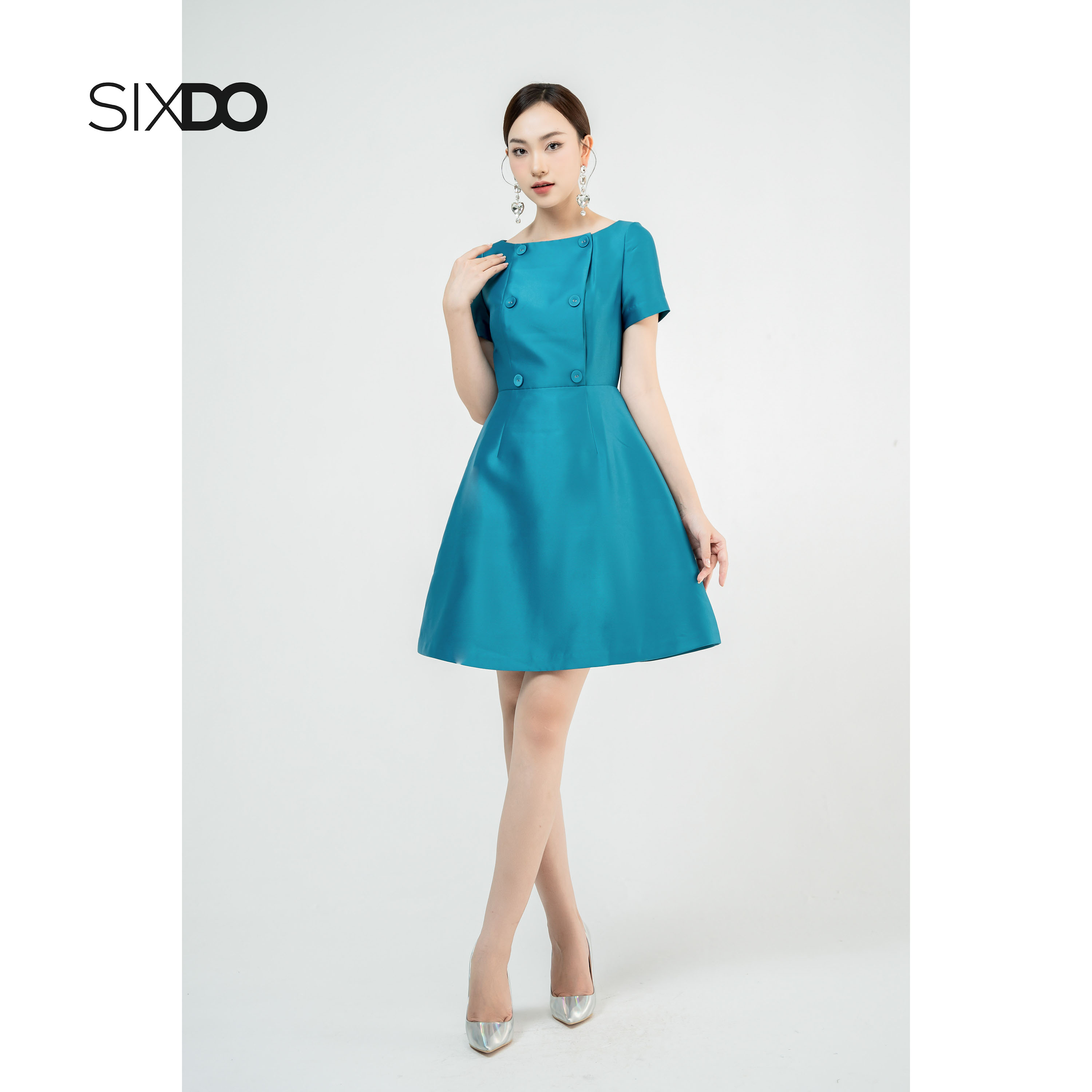 Đầm mini Taffeta xanh cổ vịt dáng xòe phối cúc thời trang SIXDO