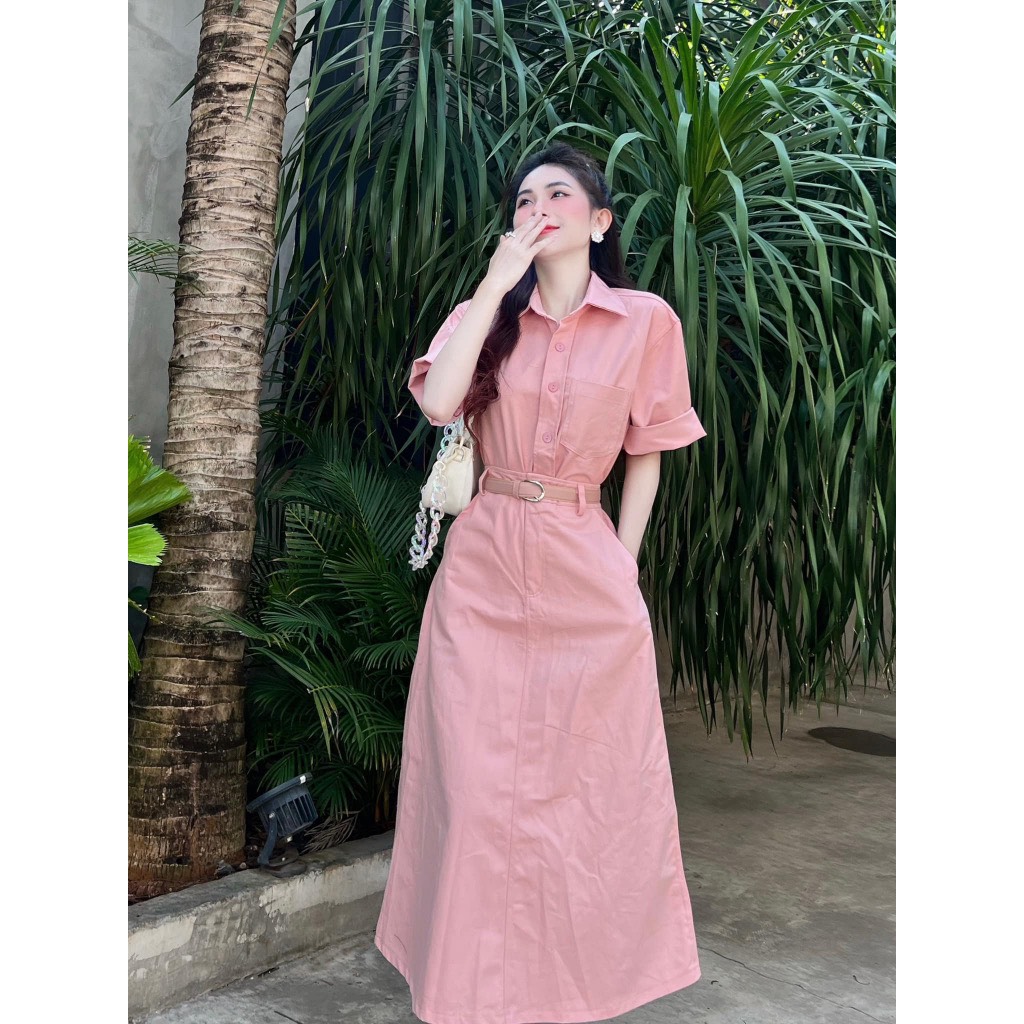 Set bộ áo sơ mi phôi chân váy dài màu hồng pastel nhẹ nhàng siêu xinh by7141