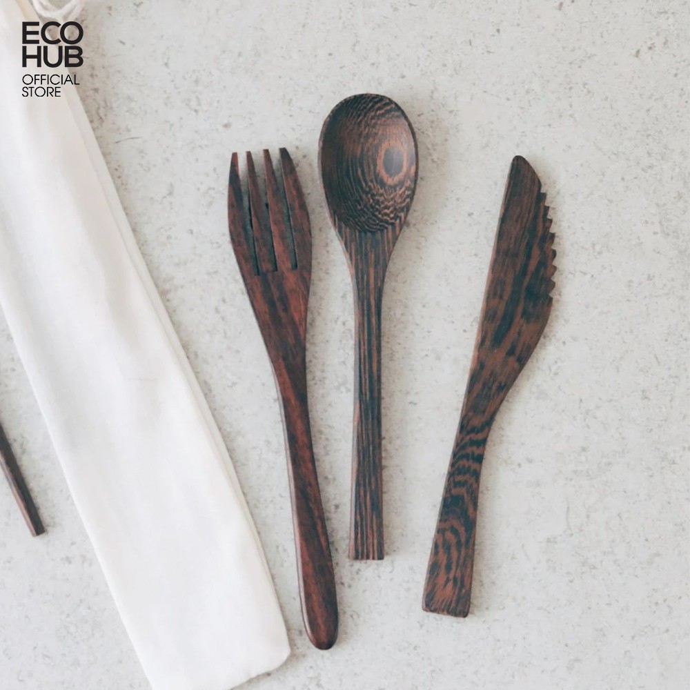 Set dao, thìa, nĩa gỗ mun ecohub 16cm | eh043