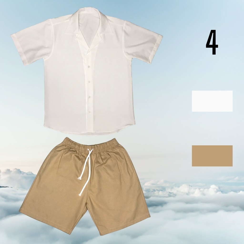 Set áo sơ mi cổ vest, quần đùi kaki