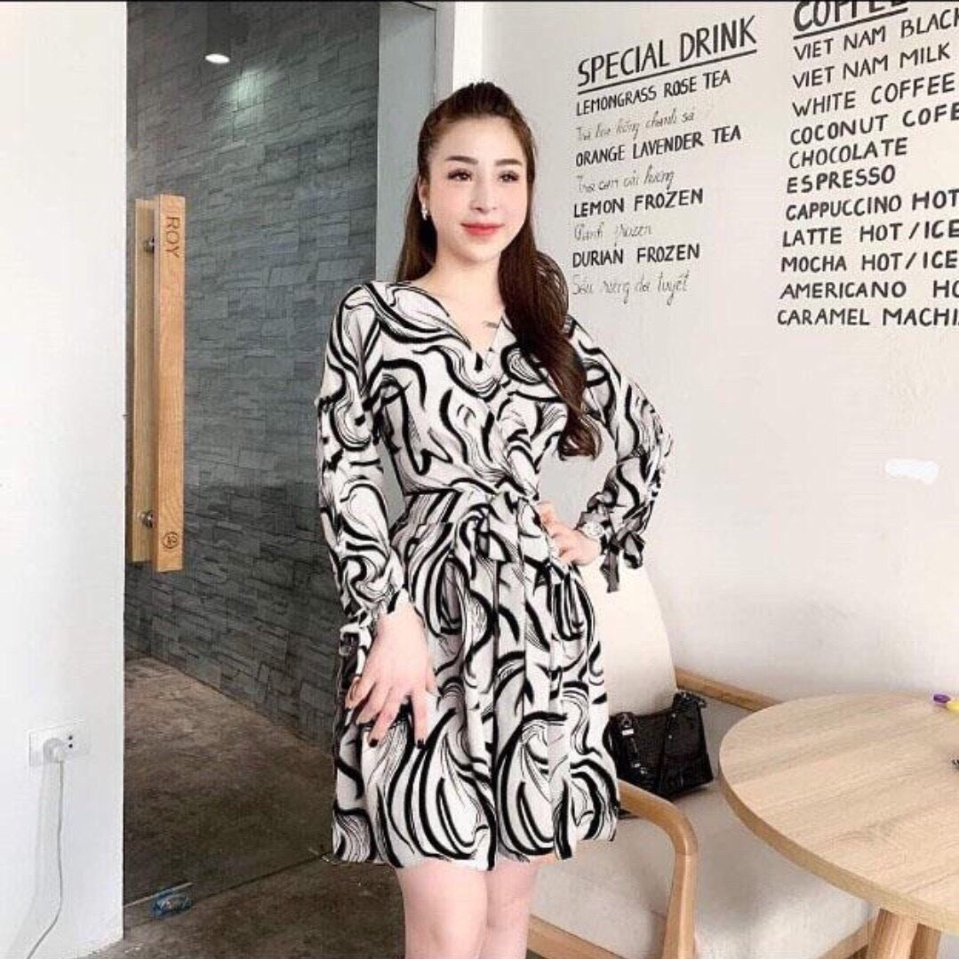 [HCM]Đầm nữ cổ sơ mi họa tiết cột eo
